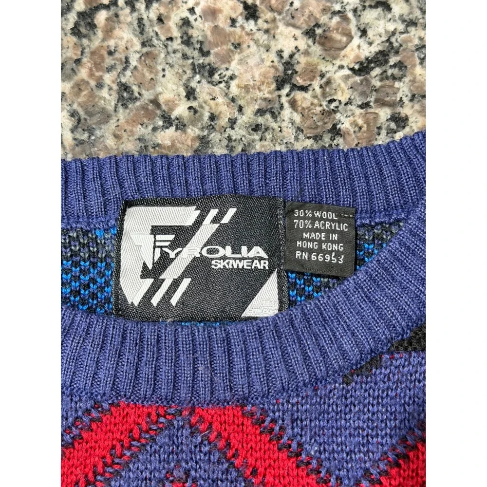 Vintage Tyrolia Skiwear Wool Blend Geometric Chevron Sweater Purple Blue Red L